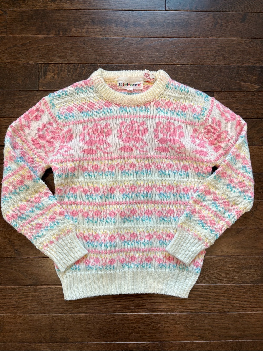 Vintage Girltown Girls Pastel Fair Isle Floral Knit Pullover Sweater Size 6X
